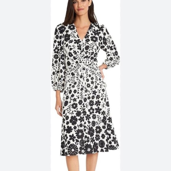 Maggy London Dresses & Skirts - MAGGY LONDON Size 0 Black And White Floral Twist Front Midi Dress NWT